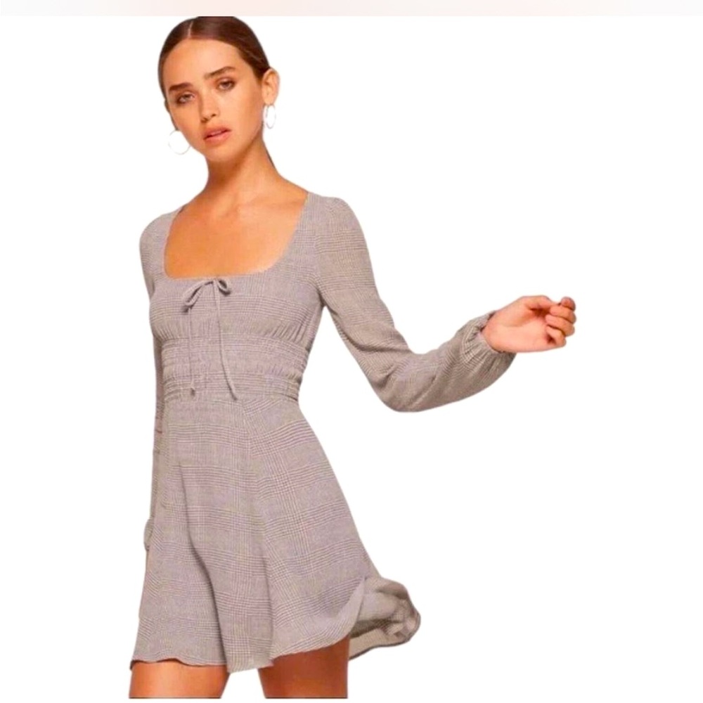 Reformation Gingham Grey Long Sleeve Dress